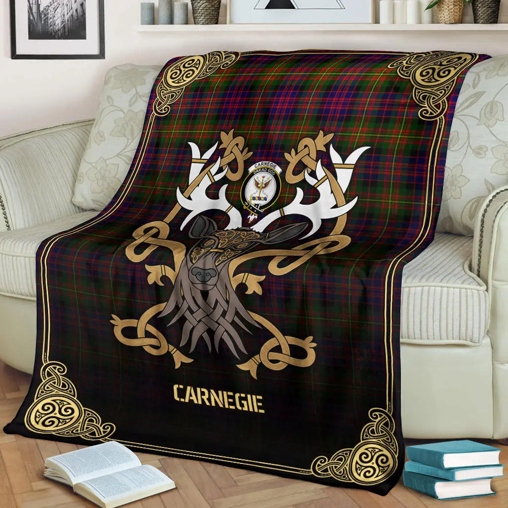 Clan Carnegie Modern Tartan Crest Premium Blanket Celtic Stag Style QM91 Clan Carnegie Tartan Today   