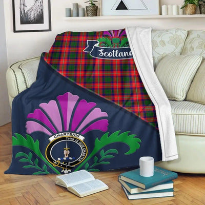 Clan Charteris (Earl of Wemyss) Tartan Crest Premium Blanket Thistle Style