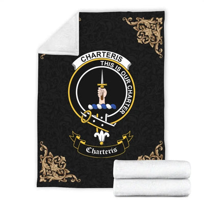 Clan Charteris (Earls of Wemyss) Crest Tartan Premium Blanket Black
