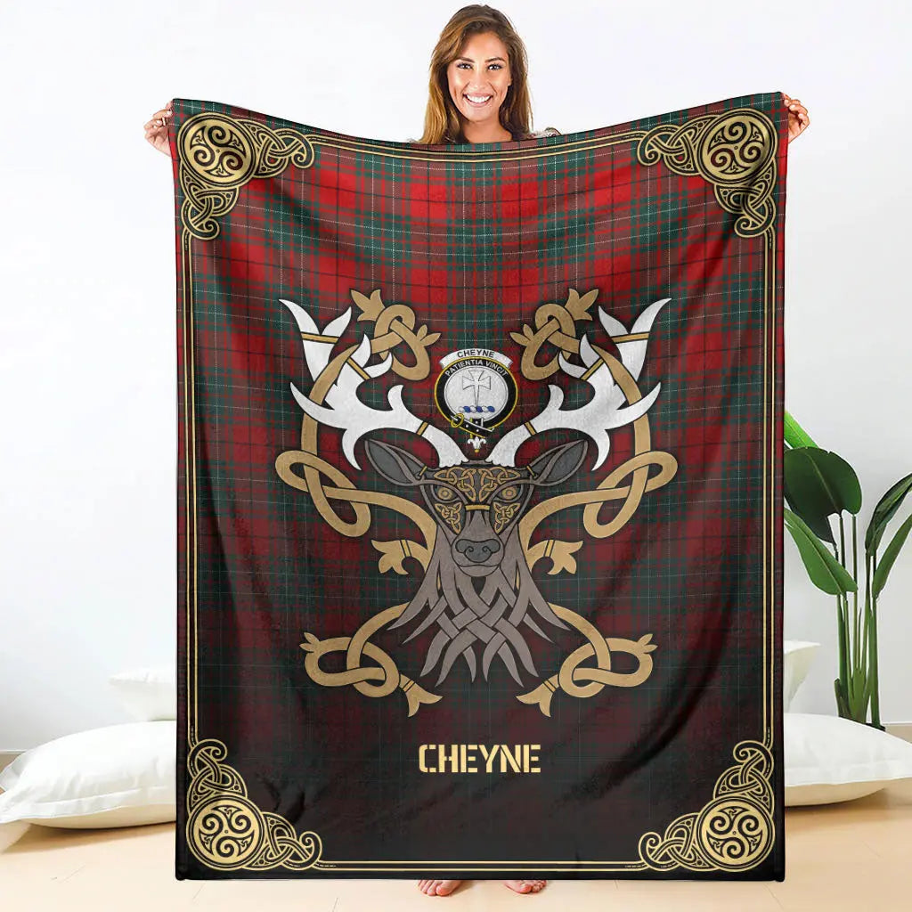 Clan Cheyne Tartan Crest Premium Blanket Celtic Stag Style TK90 Clan Cheyne Tartan Today   