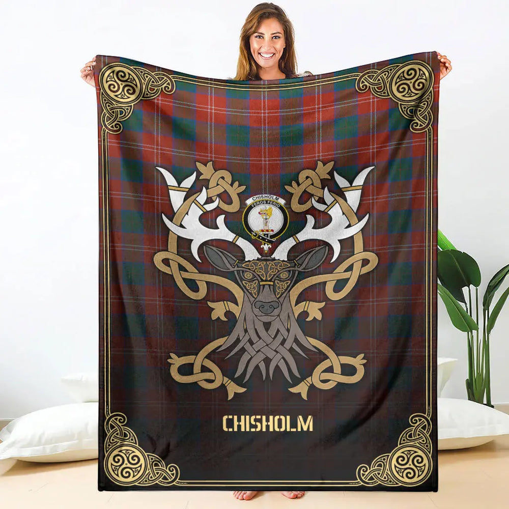 Clan Chisholm Ancient Tartan Crest Premium Blanket Celtic Stag Style EG81 Clan Chisholm Tartan Today   