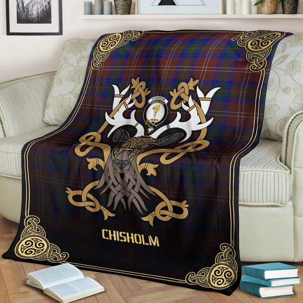 Clan Chisholm Hunting Modern Tartan Crest Premium Blanket Celtic Stag Style TV81 Clan Chisholm Tartan Today   