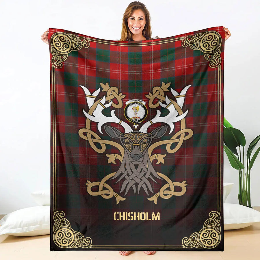 Clan Chisholm Modern Tartan Crest Premium Blanket Celtic Stag Style KJ11 Clan Chisholm Tartan Today   