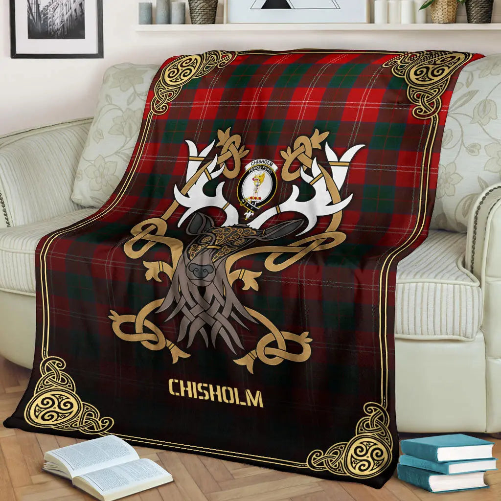 Clan Chisholm Modern Tartan Crest Premium Blanket Celtic Stag Style KJ11 Clan Chisholm Tartan Today   