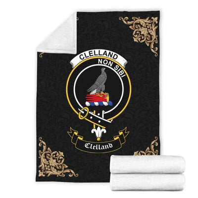 Clan Clelland Crest Tartan Premium Blanket Black