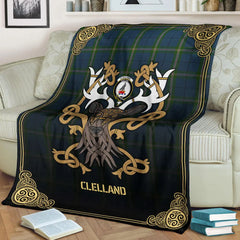 Clan Clelland Tartan Crest Premium Blanket Celtic Stag Style GE39 Clan Clelland Tartan Today   