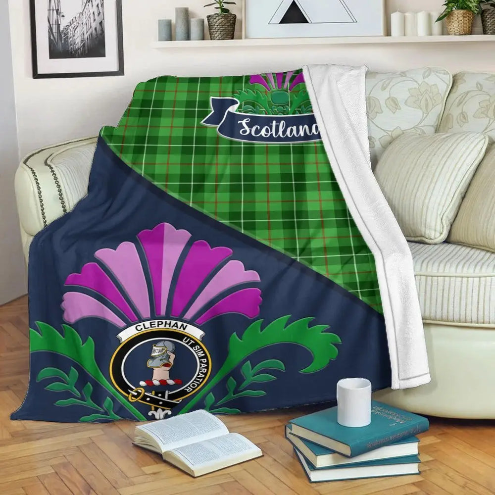 Clan Clephane (or Clephan) Tartan Crest Premium Blanket Thistle Style JA49 Clan Clephan Tartan Today   