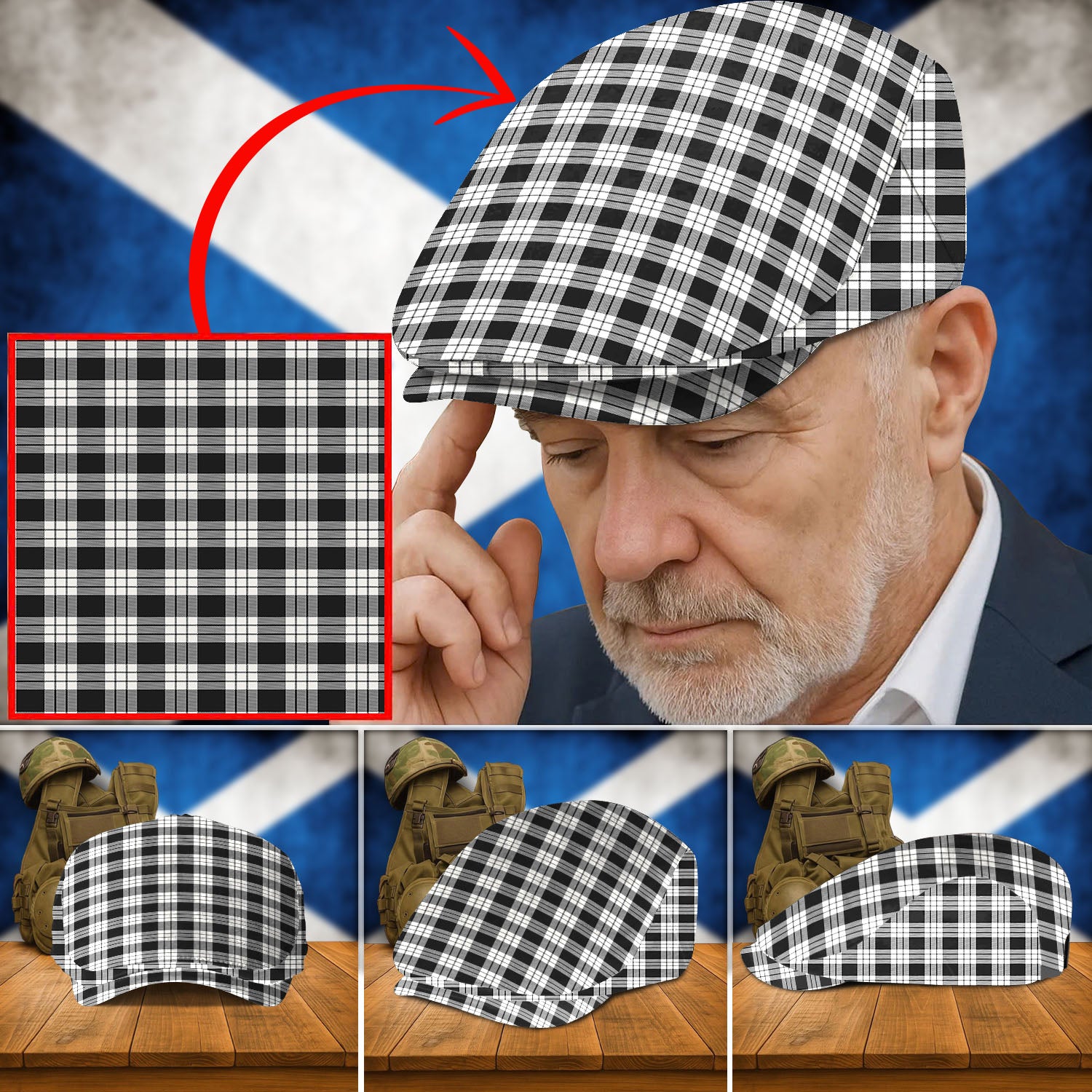 Clan MacFarlane Black & White Ancient Tartan Flat Cap KC53 MacFarlane Black & White Ancient Tartan Tartan Today