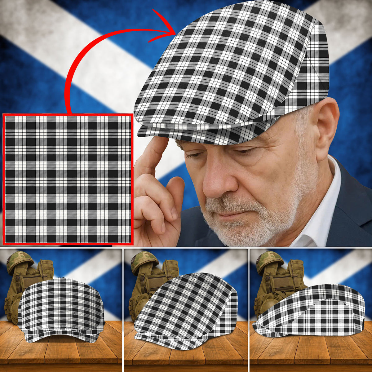 Clan MacFarlane Black & White Ancient Tartan Flat Cap KC53 MacFarlane Black & White Ancient Tartan Tartan Today