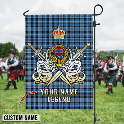 Custom Name Clan Clark Ancient Tartan Garden Flag with Clan Crest and the Golden Sword of Courageous Legacy