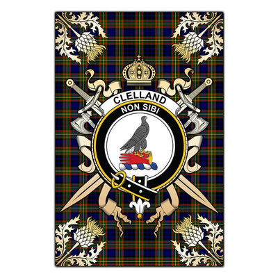 Clan Clelland Modern Tartan Crest Black Garden Flag - Gold Thistle