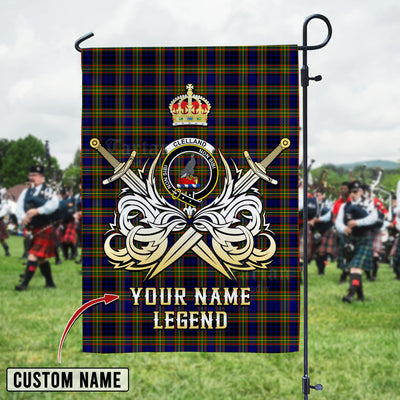 Custom Name Clan Clelland Modern Tartan Garden Flag with Clan Crest and the Golden Sword of Courageous Legacy