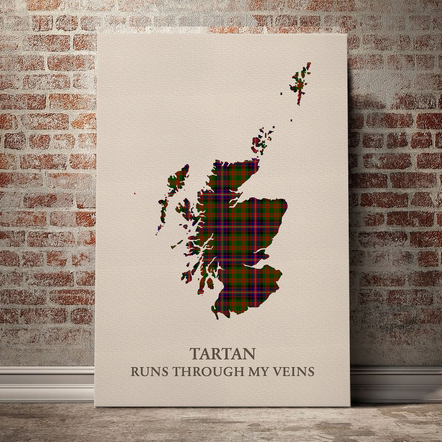 Cochrane Modern Tartan Scotland Map Canvas – “Tartan Runs Through My Veins” Wall Art