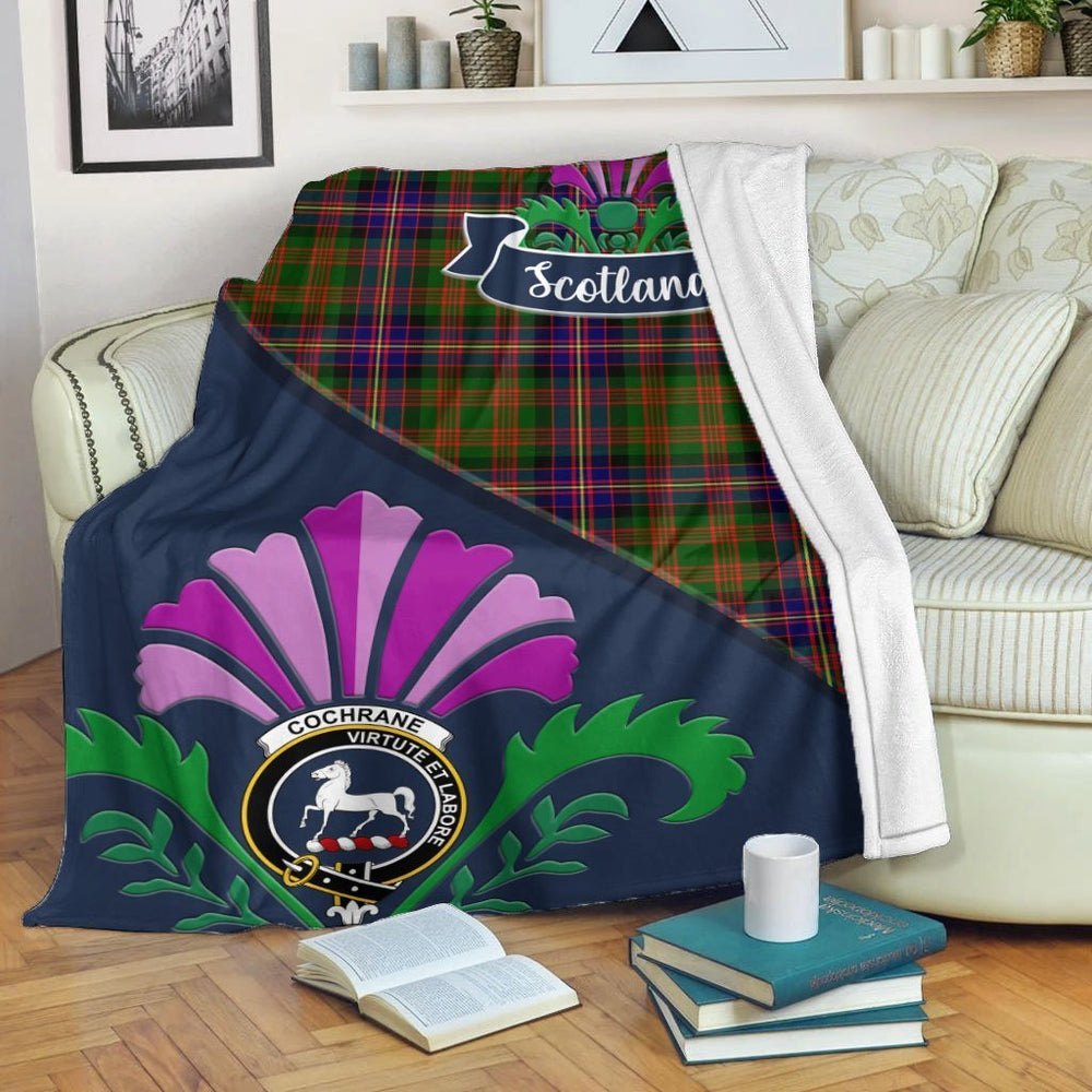 Clan Cochrane Tartan Crest Premium Blanket Thistle Style MB18 Clan Cochrane Tartan Today   