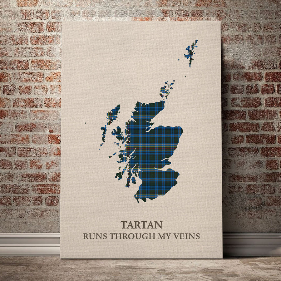 Cockburn Modern Tartan Scotland Map Canvas – “Tartan Runs Through My Veins” Wall Art