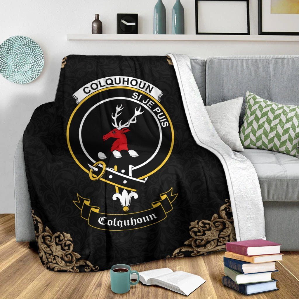 Clan Colquhoun Crest Tartan Premium Blanket Black DV77 Clan Colquhoun Tartan Today   