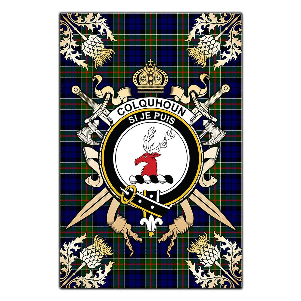 Clan Colquhoun Modern Tartan Crest Black Garden Flag  - Gold Thistle  ME61 Clan Colquhoun Tartan Today   