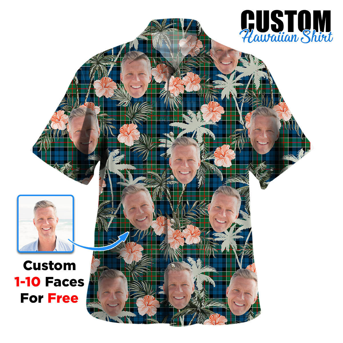 Clan Colquhoun Ancient Tartan Custom Face Hawaiian Shirt – Unisex Gift for Family Members, Summer Party AN85 Colquhoun Ancient Tartan Tartan Hawaii Shirt