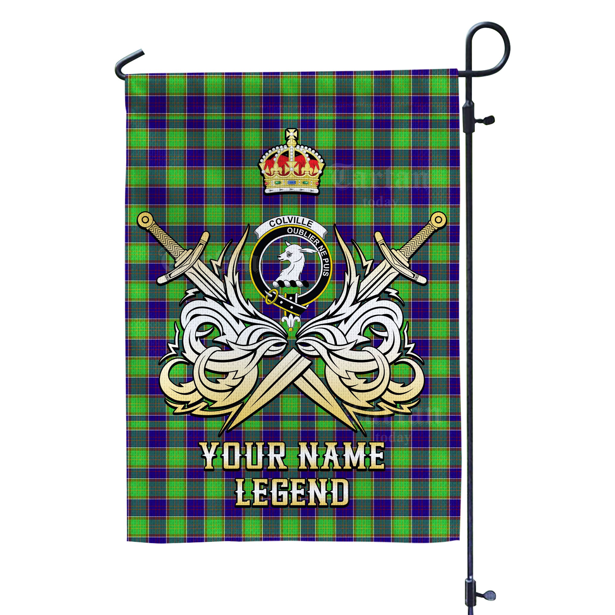Custom Name Clan Colville Tartan Garden Flag with Clan Crest and the Golden Sword of Courageous Legacy BG68