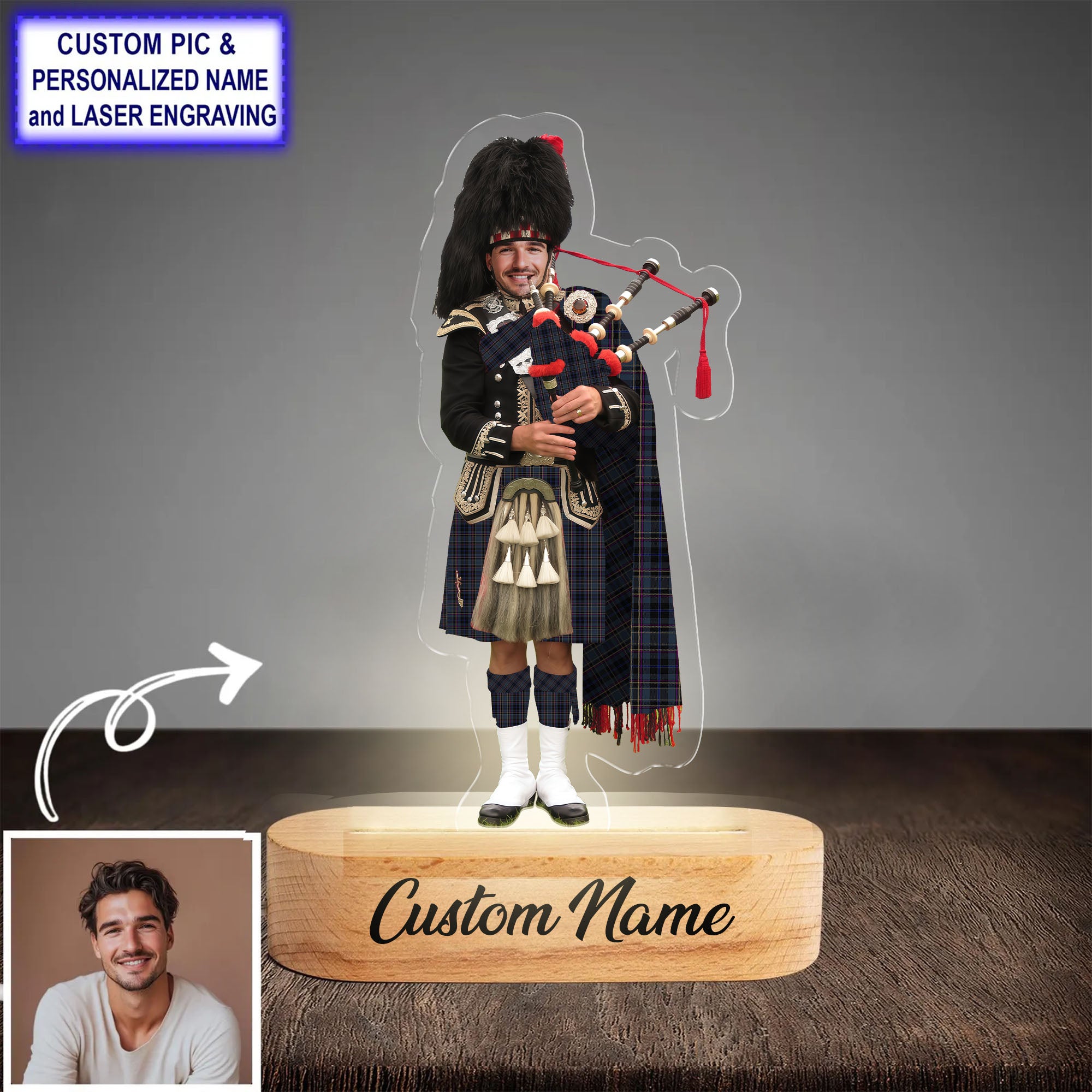Custom Bagpipe Conway Tartan LED Night Light - Personalized Scottish Bagpiper Figurine with Wooden Stand