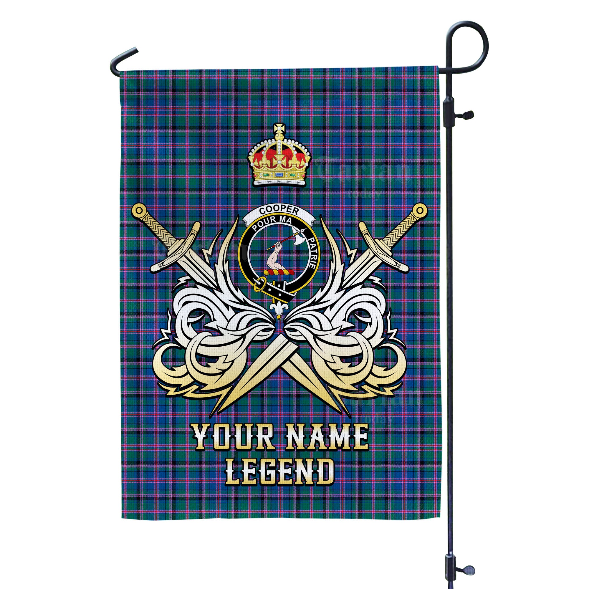 Custom Name Clan Cooper Ancient Tartan Garden Flag with Clan Crest and the Golden Sword of Courageous Legacy QJ10