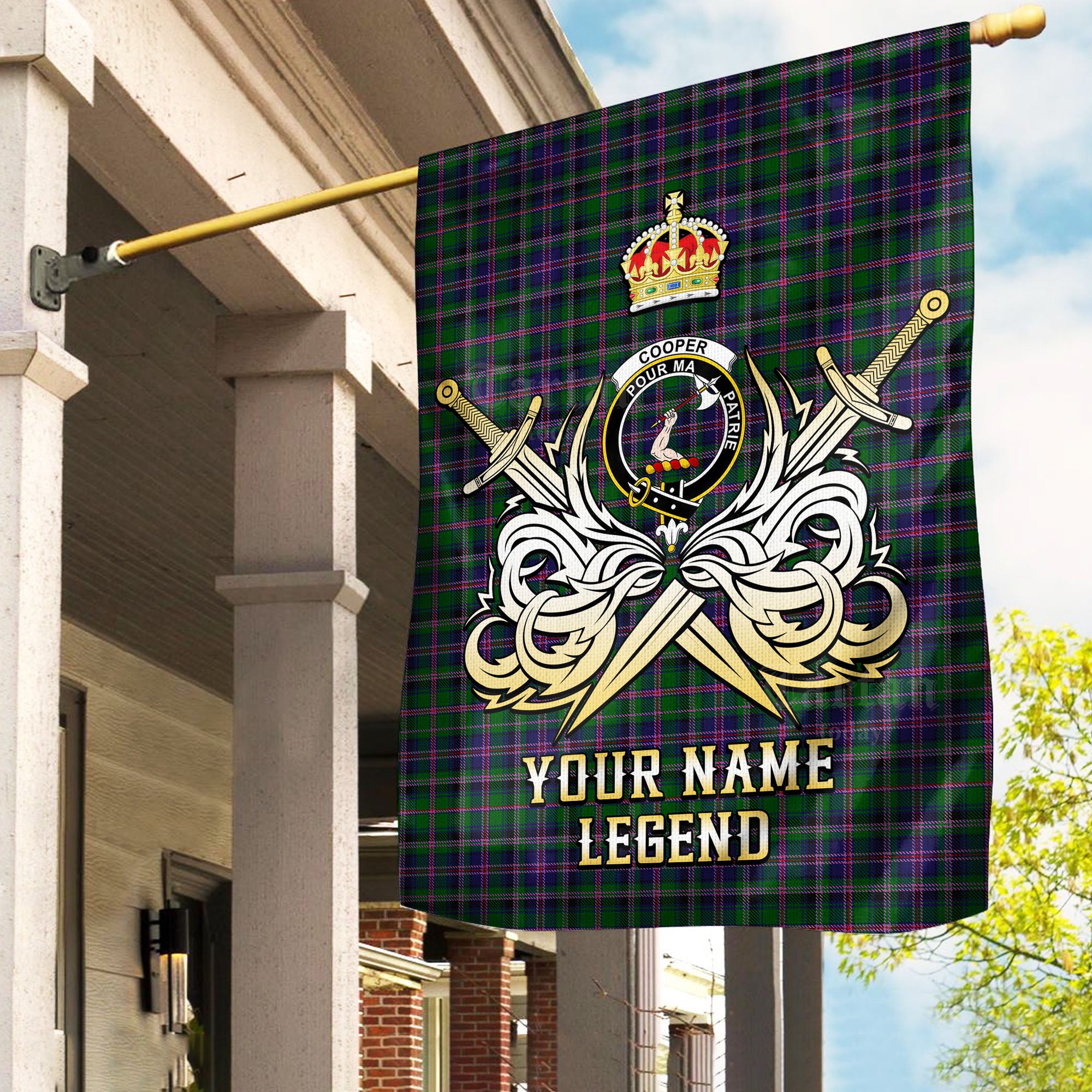 Custom Name Clan Cooper Modern Tartan Garden Flag with Clan Crest and the Golden Sword of Courageous Legacy YE76