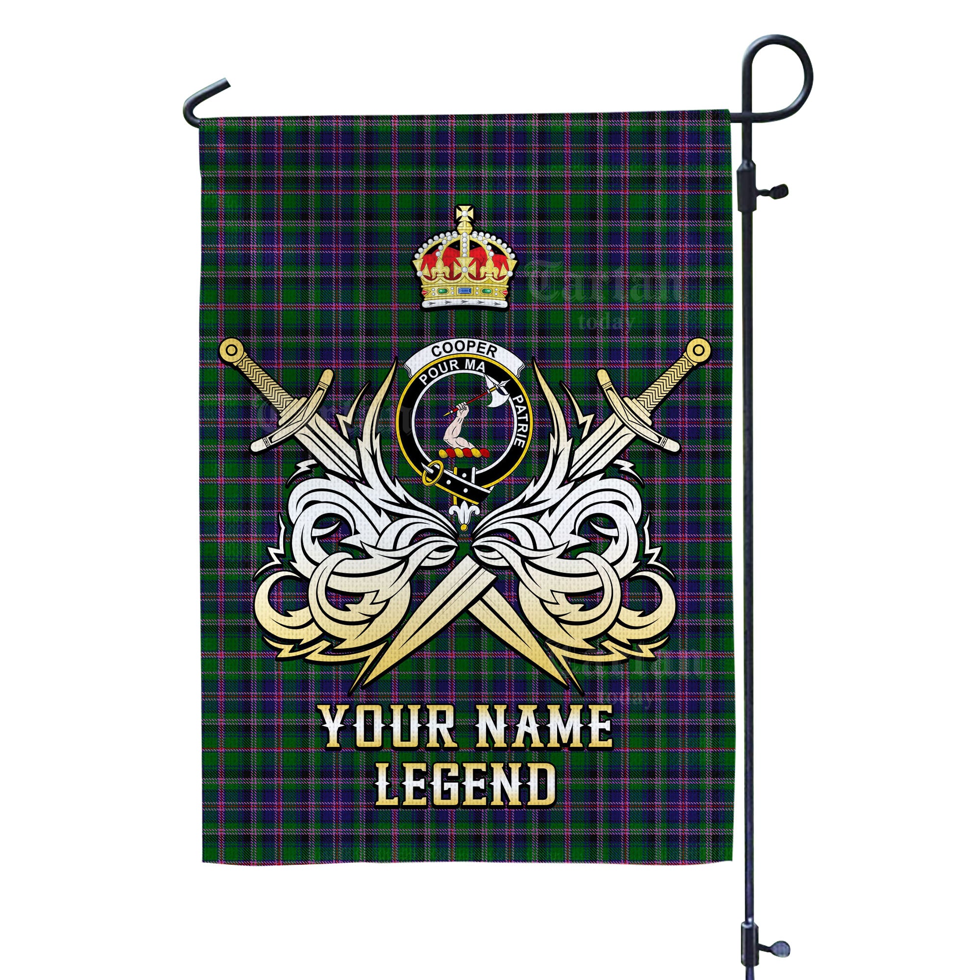 Custom Name Clan Cooper Modern Tartan Garden Flag with Clan Crest and the Golden Sword of Courageous Legacy YE76