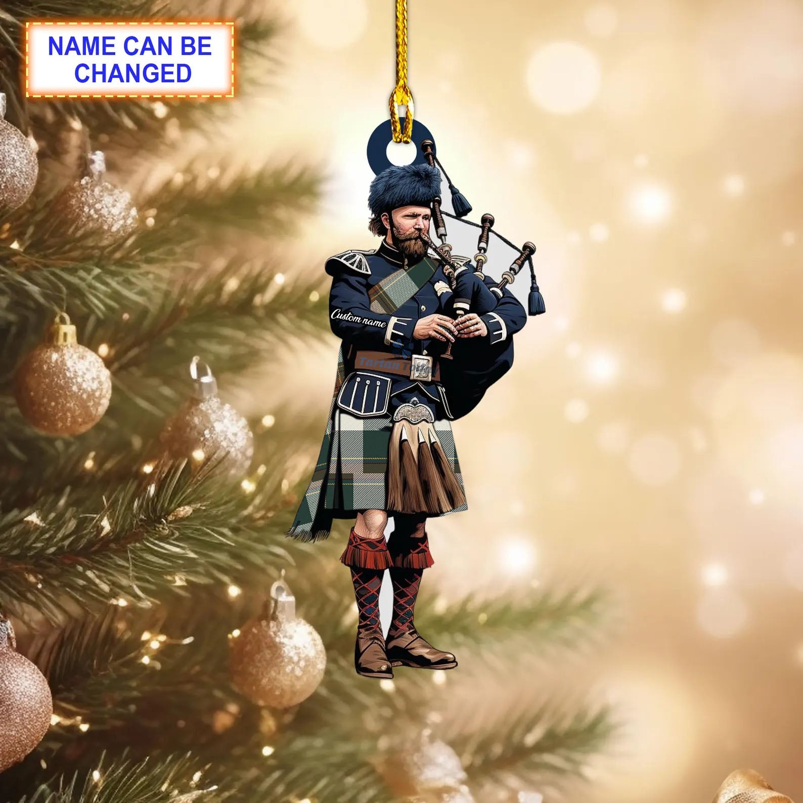 Cornell Reproduction Tartan Bagpipe Ornament with Custom Name