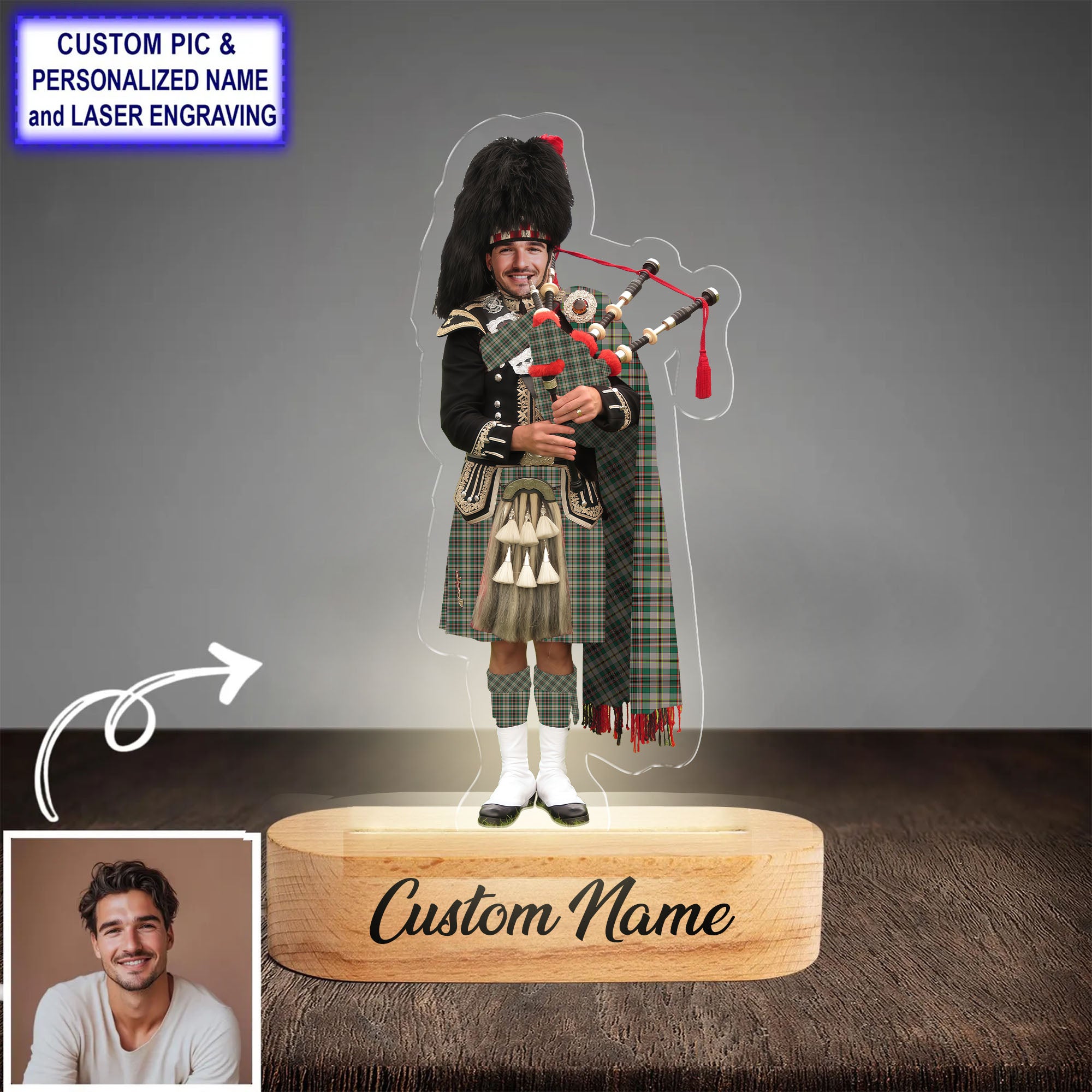 Custom Bagpipe Craig Ancient Tartan LED Night Light - Personalized Scottish Bagpiper Figurine with Wooden Stand