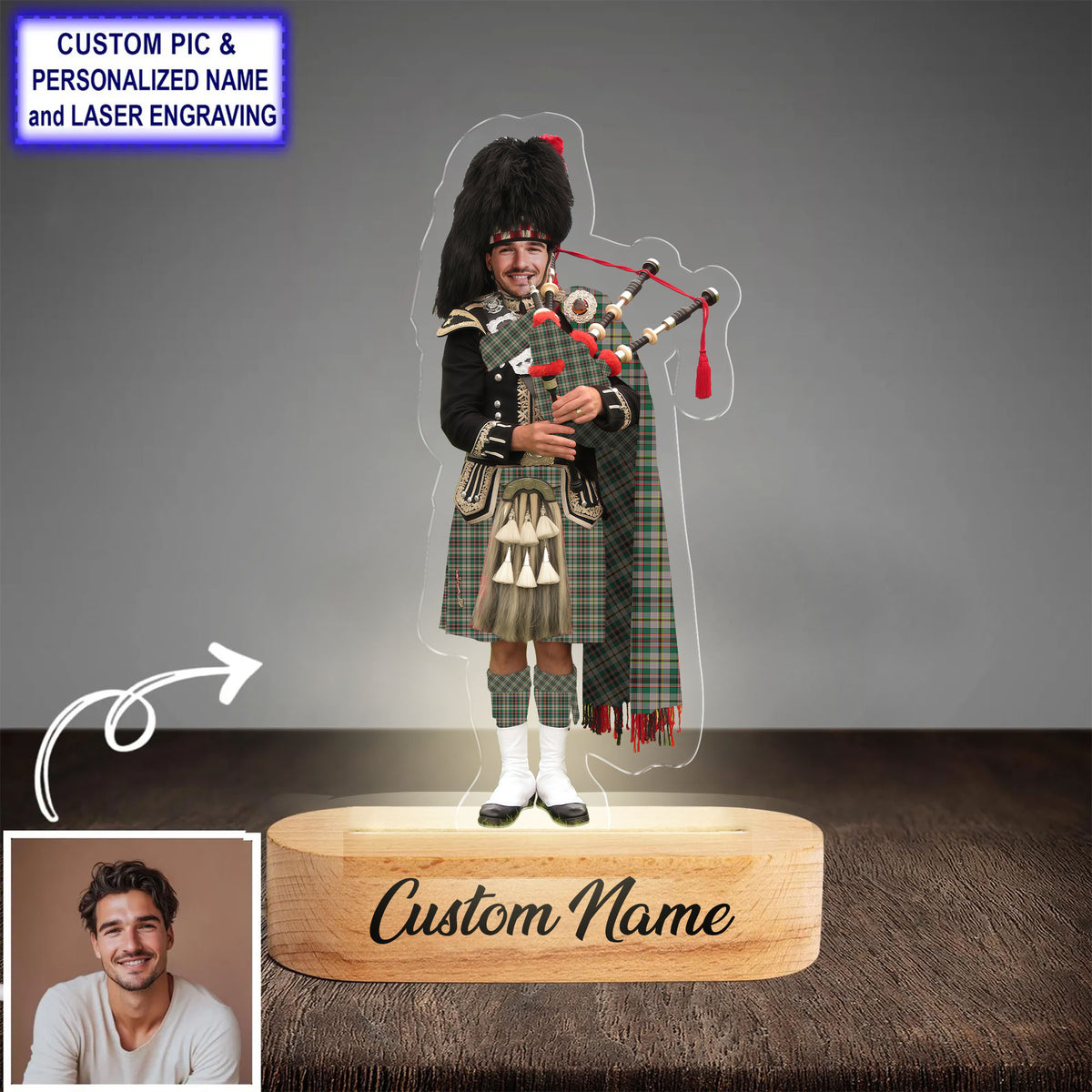Custom Bagpipe Craig Ancient Tartan LED Night Light - Personalized Scottish Bagpiper Figurine with Wooden Stand