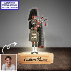 Custom Bagpipe Craig Ancient Tartan LED Night Light - Personalized Scottish Bagpiper Figurine with Wooden Stand