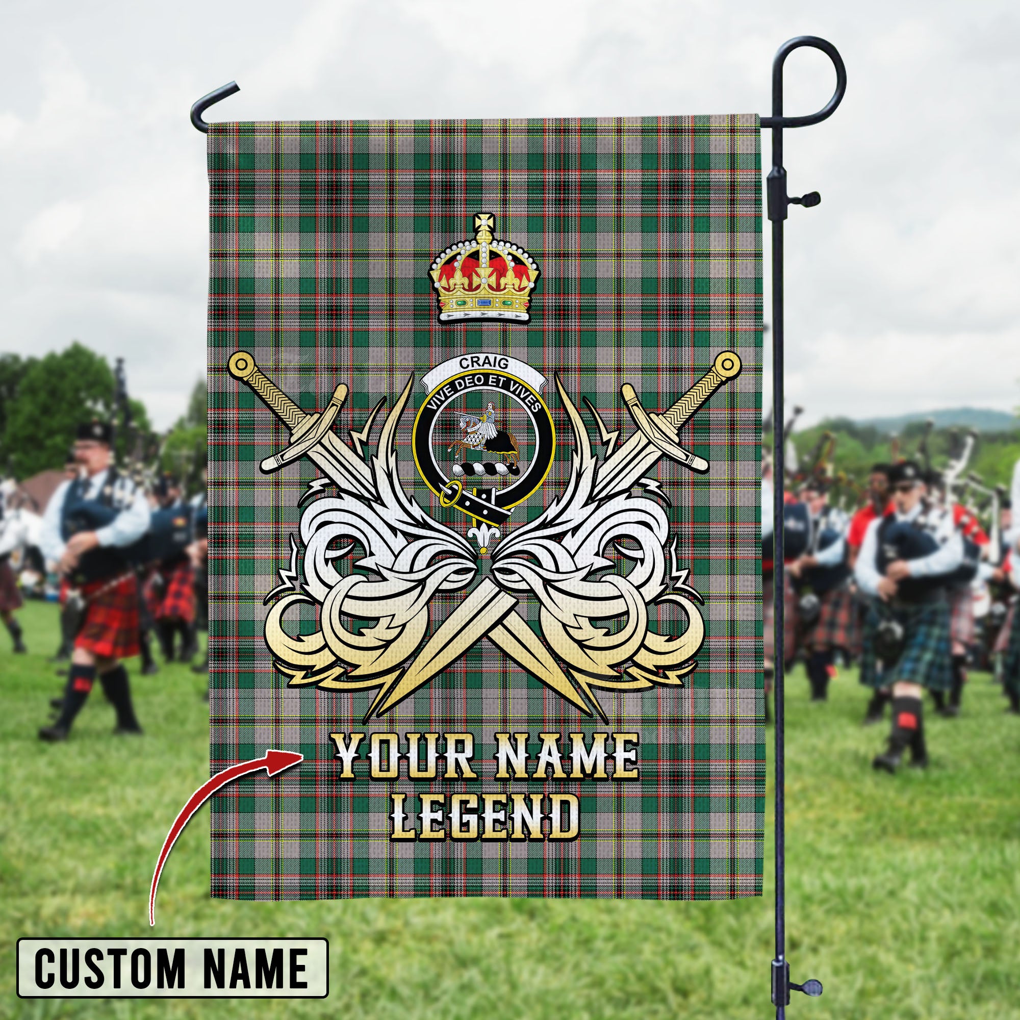Personalized Custom Name Clan Craig Ancient Tartan Garden Flag with Clan Crest and the Golden Sword of Courageous Legacy RZ88 - Craig Ancient Tartan Design, Scottish Heritage Gift