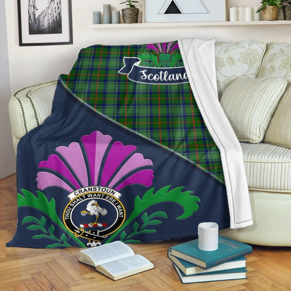 Clan Cranstoun Tartan Crest Premium Blanket Thistle Style AT57 Clan Cranstoun Tartan Today   