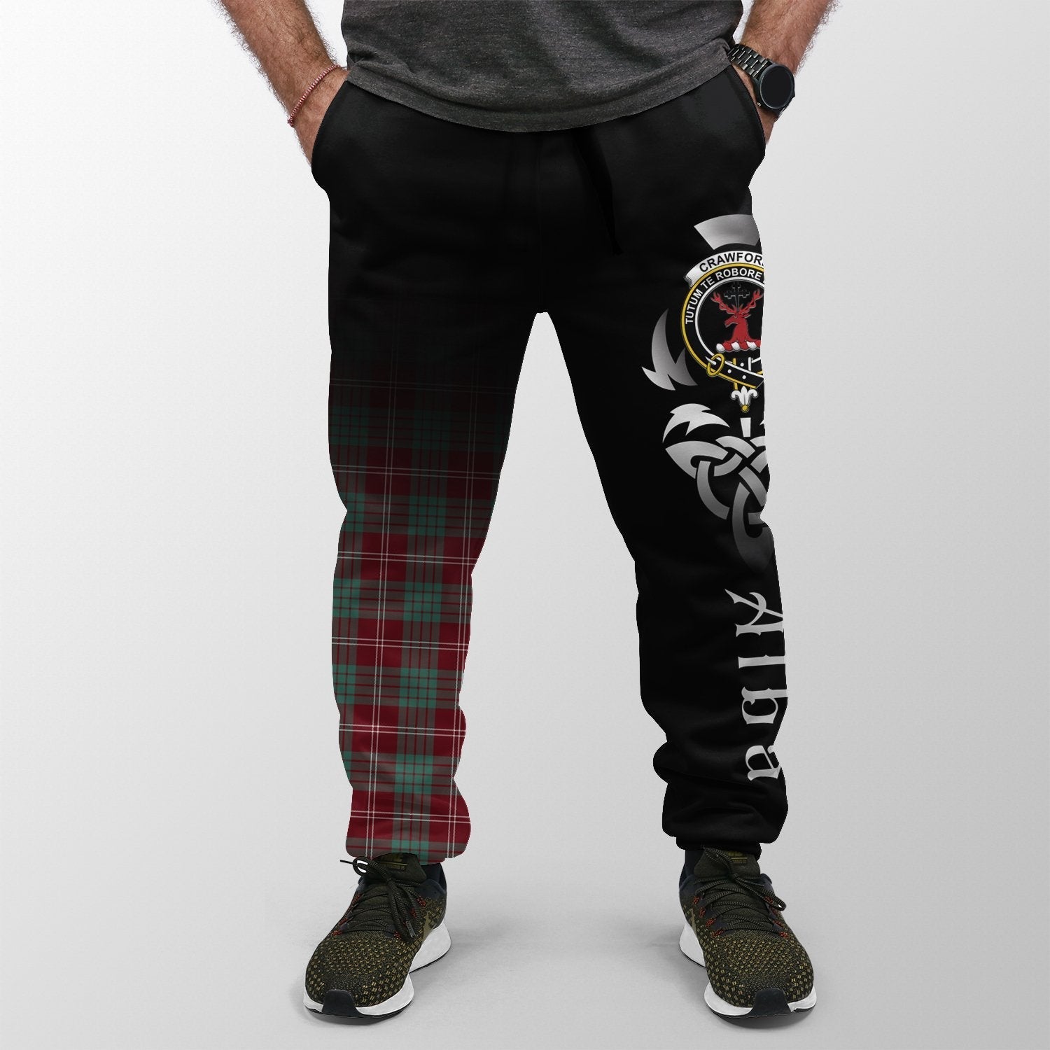 Clan Crawford Modern Tartan Crest Jogger Sweatpants  Alba Celtic Style WF22 Clan Crawford Tartan Today   