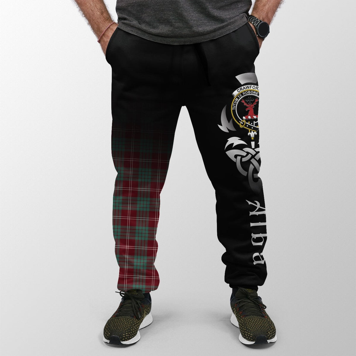 Clan Crawford Modern Tartan Crest Jogger Sweatpants  Alba Celtic Style WF22 Clan Crawford Tartan Today   