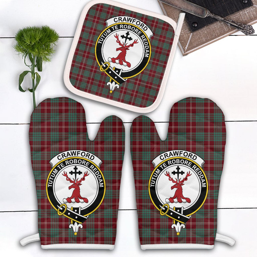 Clan Crawford Modern Tartan Crest Oven Mitt And Pot Holder (2 Oven Mitts + 1 Pot Holder)