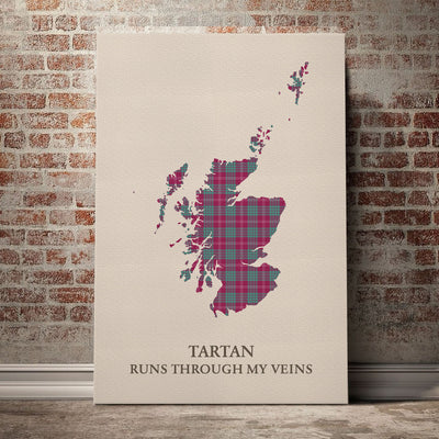 Clan Crawford Ancient Tartan Scotland Map Canvas “Tartan Runs Through My Veins” Wall Art HU84