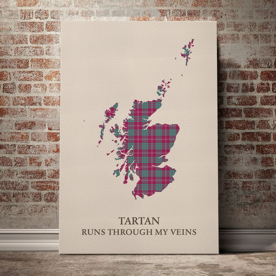 Crawford Ancient Tartan Scotland Map Canvas – “Tartan Runs Through My Veins” Wall Art