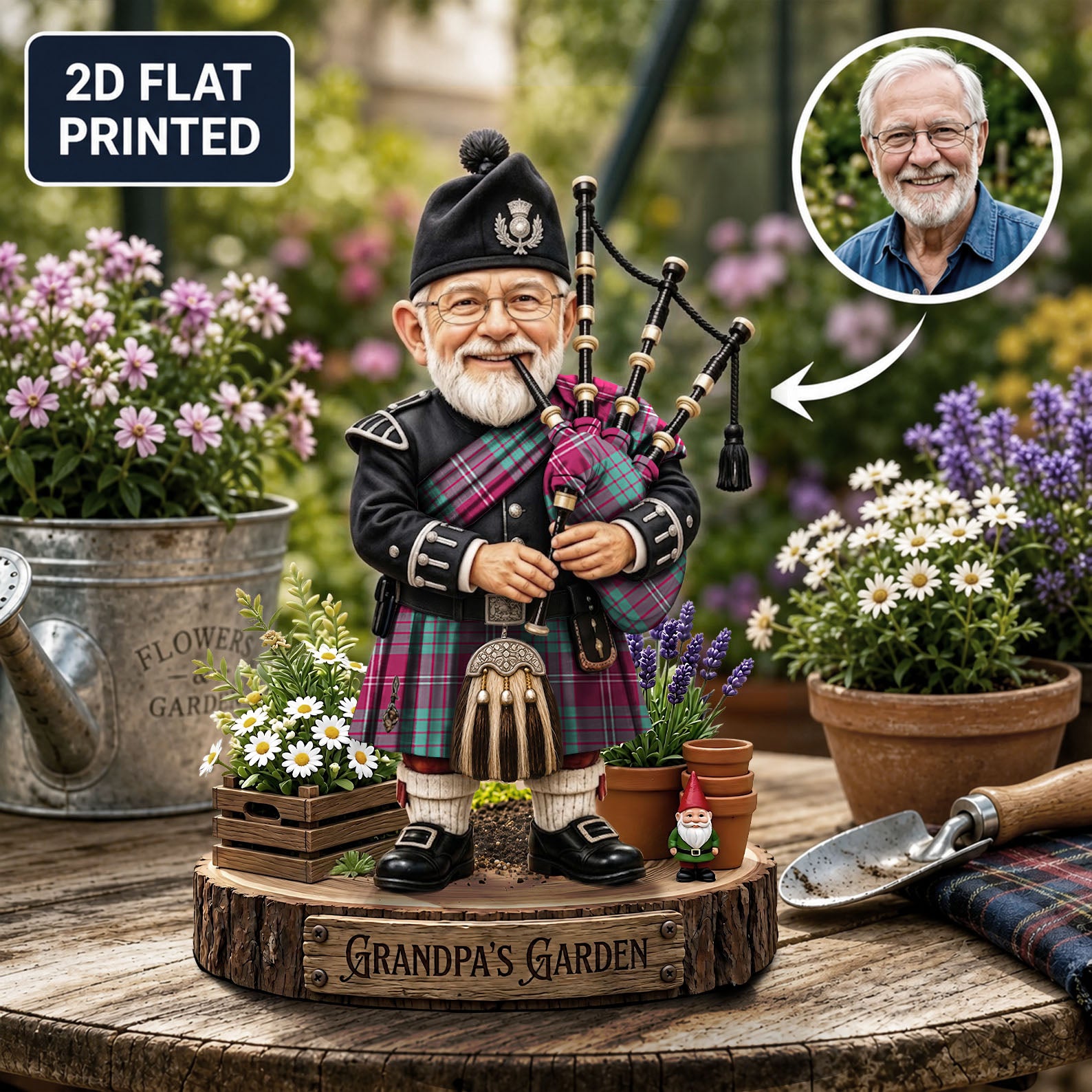 Personalized Crawford Ancient Clan Bagpipe Garden Gnome Caricature Plaque Custom Photo, Any Clan Tartan, Wood or Acrylic, Grandpa & Dad Gift, Scottish Highland Garden Decor CO98