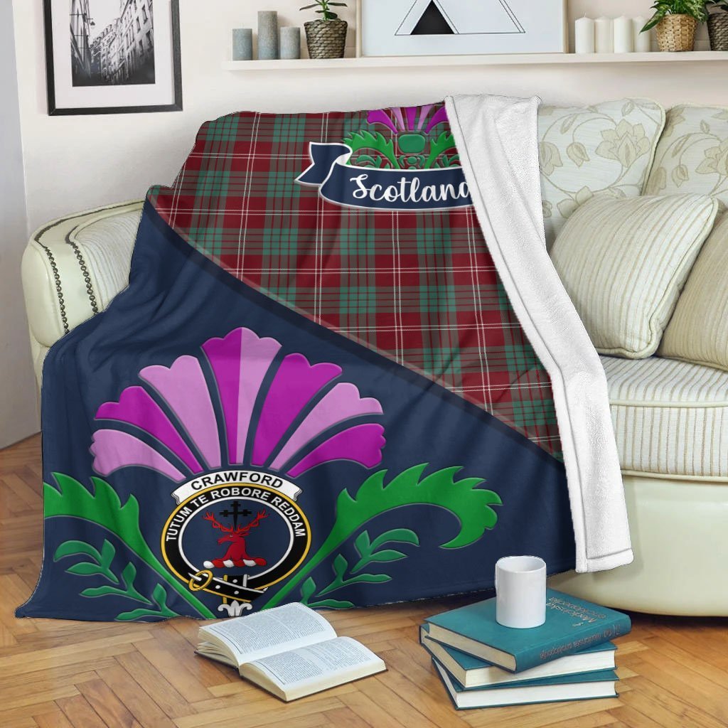 Clan Crawford Tartan Crest Premium Blanket Thistle Style LH69 Clan Crawford Tartan Today   