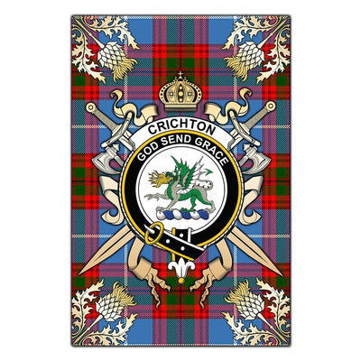 Clan Crichton Tartan Crest Black Garden Flag - Gold Thistle