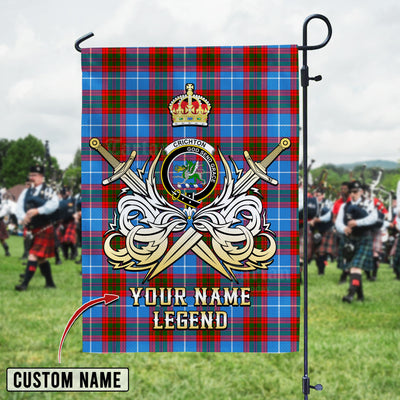 Custom Name Clan Crichton District Tartan Garden Flag with Clan Crest and the Golden Sword of Courageous Legacy