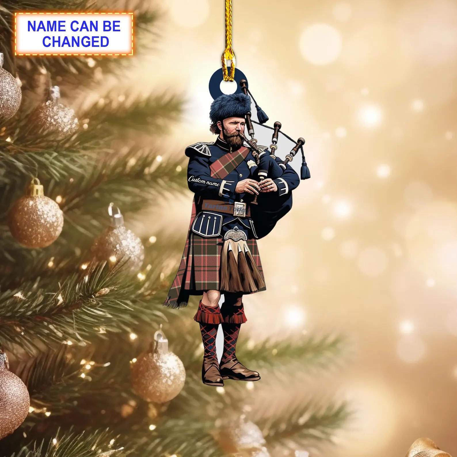 Crossnor School Reproduction Tartan Bagpipe Ornament with Custom Name