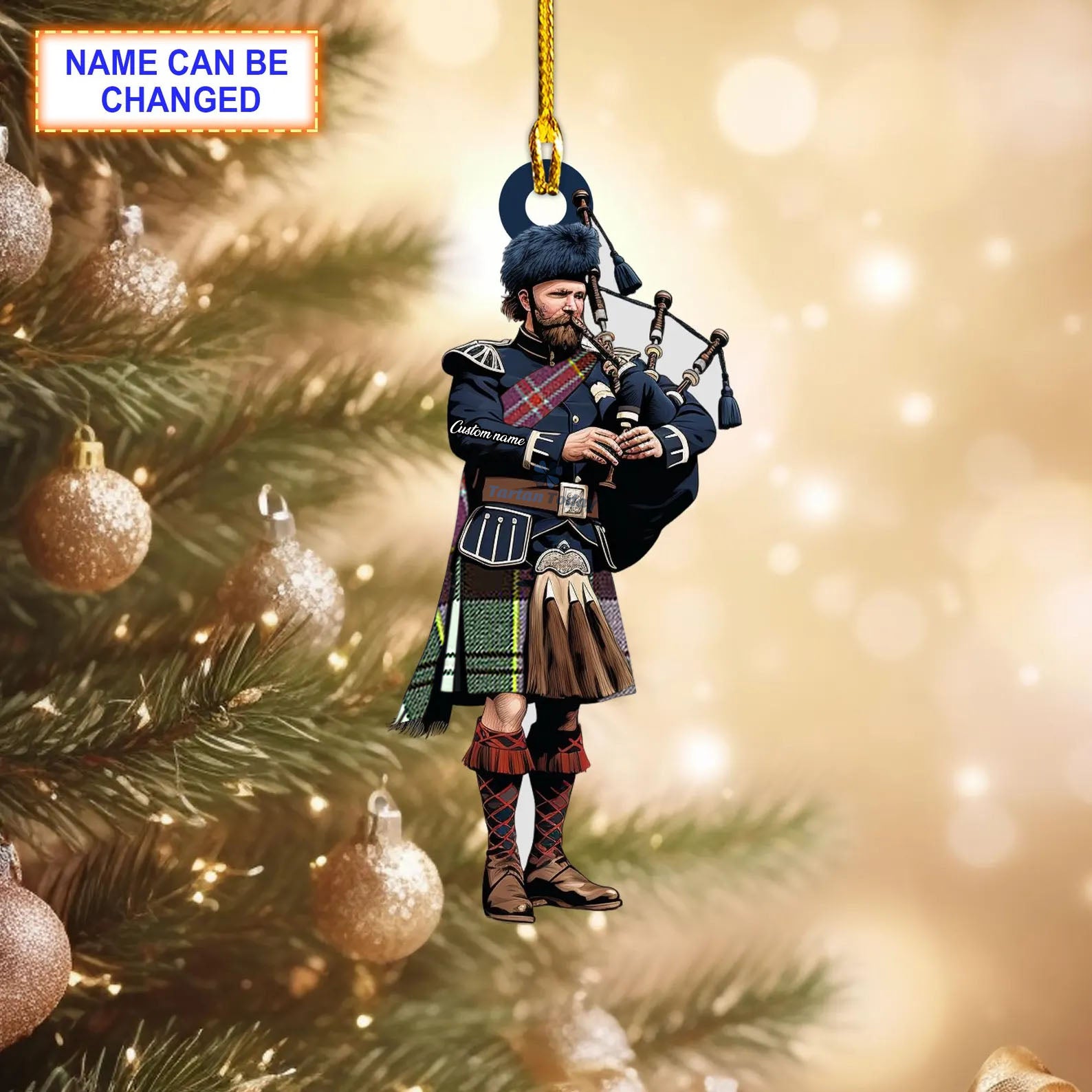 Culloden Dress Modern Tartan Bagpipe Ornament with Custom Name
