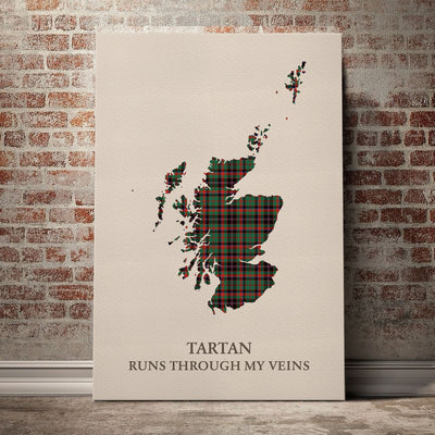 Clan Cumming Hunting Ancient Tartan Scotland Map Canvas “Tartan Runs Through My Veins” Wall Art NA28