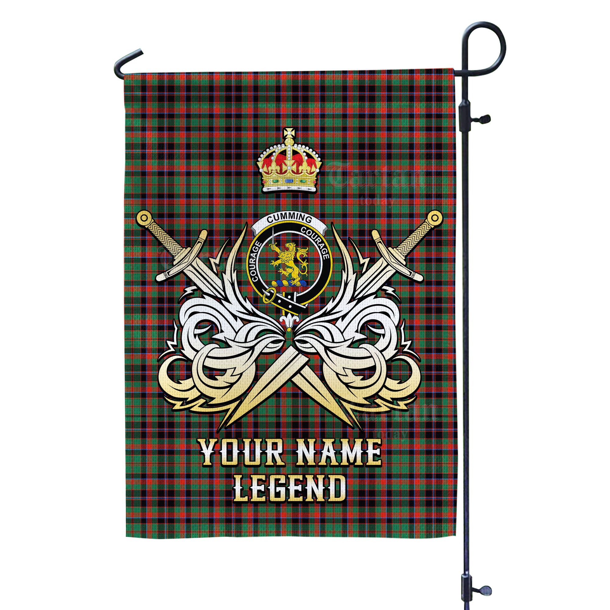 Custom Name Clan Cumming Hunting Ancient Tartan Garden Flag with Clan Crest and the Golden Sword of Courageous Legacy KJ15
