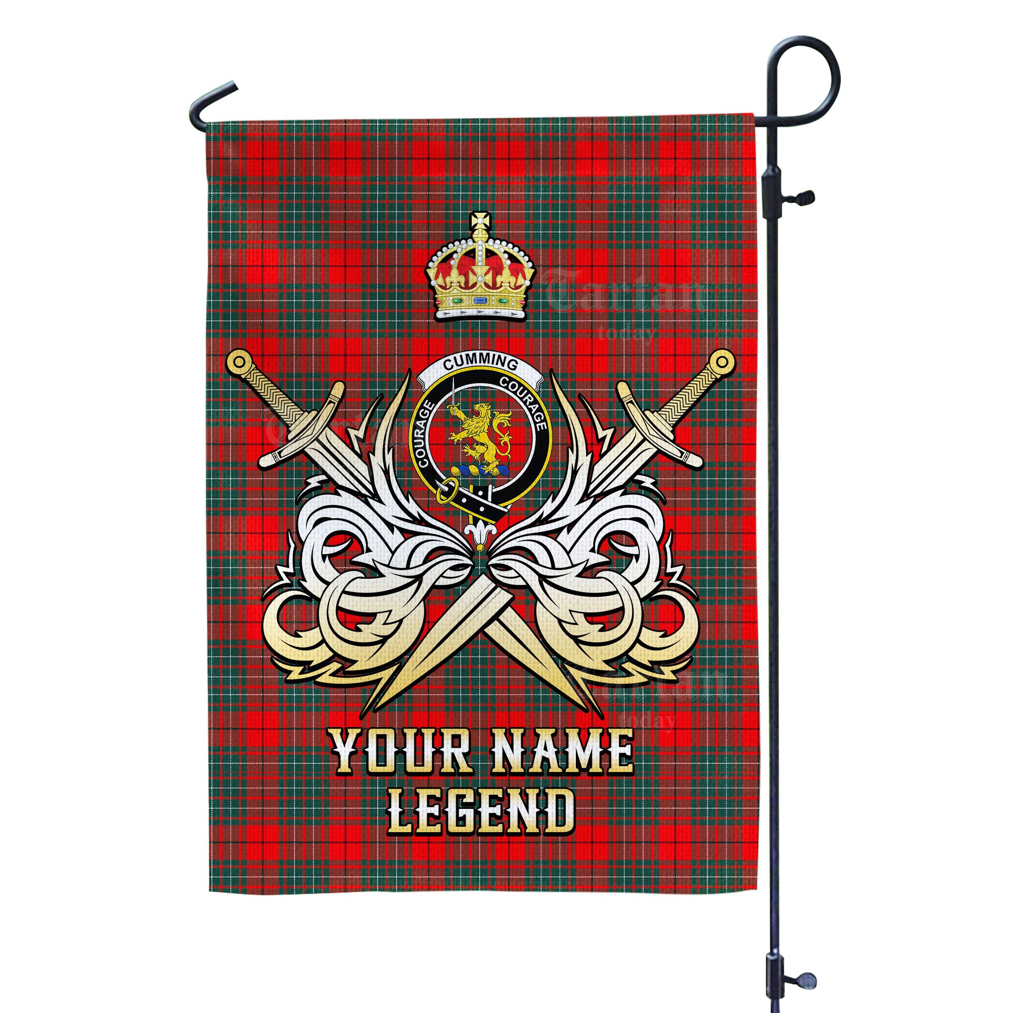 Custom Name Clan Cumming Modern Tartan Garden Flag with Clan Crest and the Golden Sword of Courageous Legacy FY75