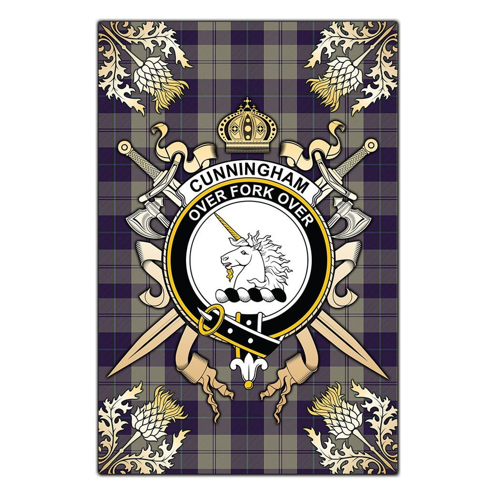 Clan Cunningham Dress Blue Dancers Tartan Crest Black Garden Flag  - Gold Thistle  NU45 Clan Cunningham Tartan Today   