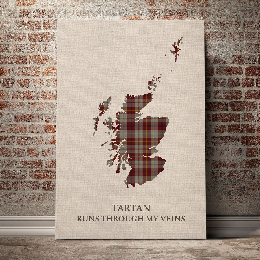 Cunningham Burgundy Dancers Tartan Scotland Map Canvas – “Tartan Runs Through My Veins” Wall Art