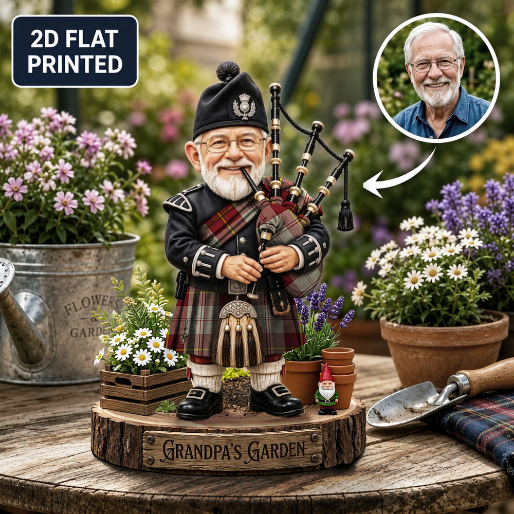 Personalized Cunningham Burgundy Dancers Clan Bagpipe Garden Gnome Caricature Plaque Custom Photo, Any Clan Tartan, Wood or Acrylic, Grandpa & Dad Gift, Scottish Highland Garden Decor LI23